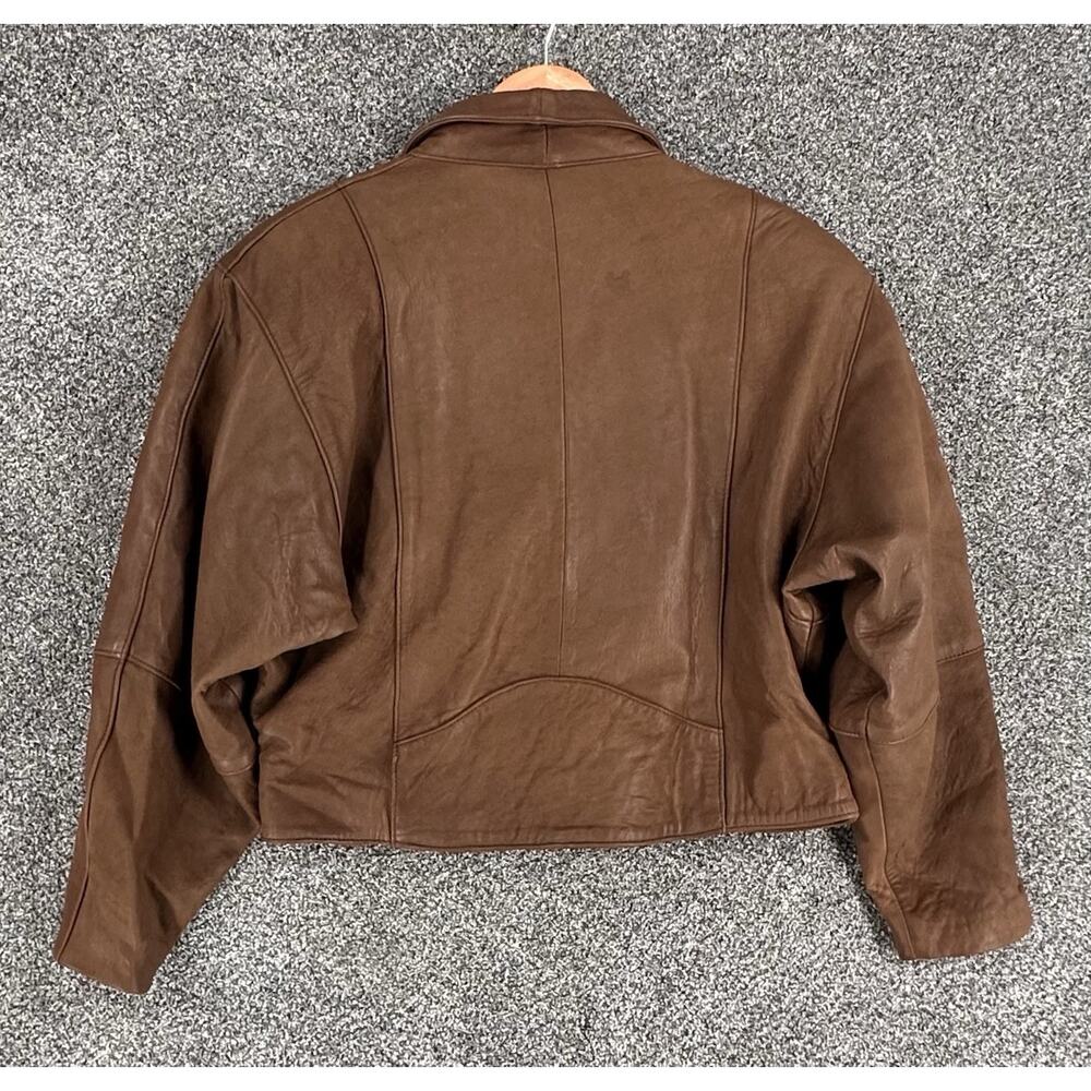 Womens Brown Soft Leather Cropped Biker Bomber Jacket Sz L Mexico Lapel Buckles - Picture 6 of 6
